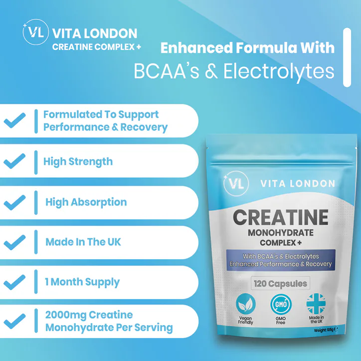 Vita London Creatine Monohydrate Complex Capsules + BCAAs 2000mg 120 Capsules, additional product view 3