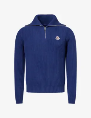 MONCLER Logo-Print Quarter-Zip Ribbed Knit Jumper