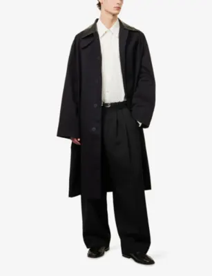 STUDIO NICHOLSON Revere Leather-Collar Cotton-Blend Trench Coat in Darkest Navy, additional product view 2