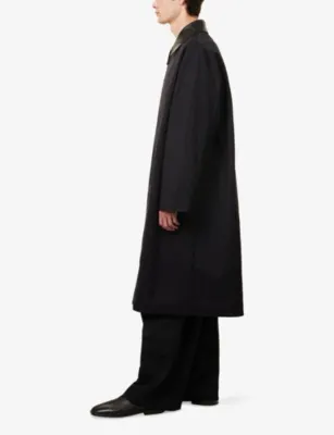 STUDIO NICHOLSON Revere Leather-Collar Cotton-Blend Trench Coat in Darkest Navy, additional product view 3