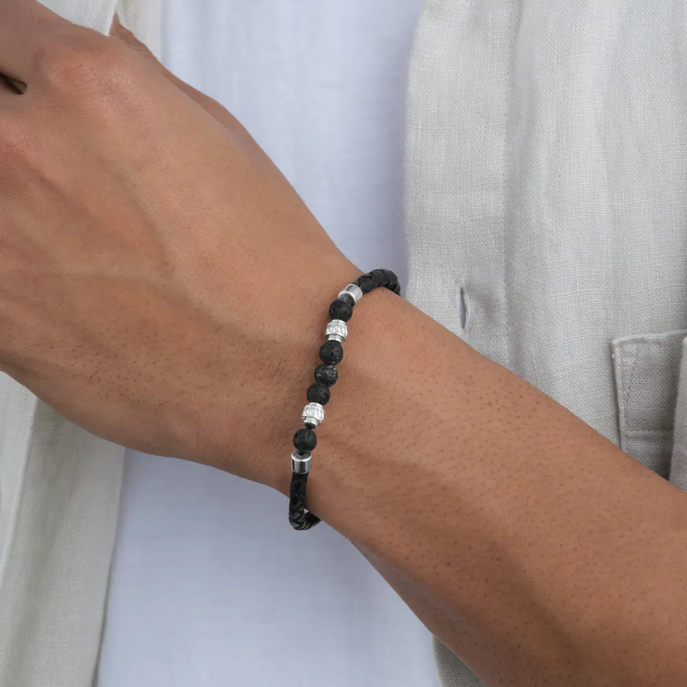 For Him Sterling Silver Black and Silver Bead Black Leather Bracelet detail 2