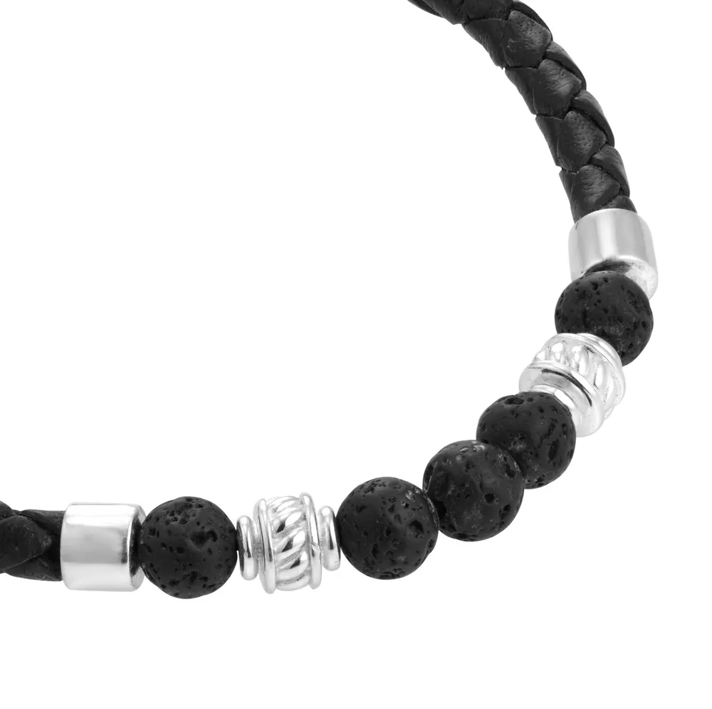 For Him Sterling Silver Black and Silver Bead Black Leather Bracelet detail 3