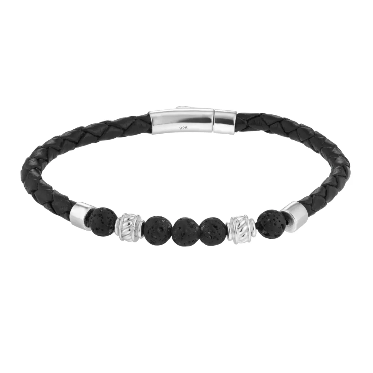 For Him Sterling Silver Black and Silver Bead Black Leather Bracelet