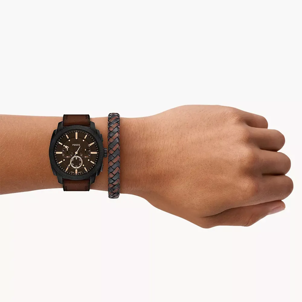 Fossil Machine Brown Leather Watch & Bracelet Set in Brown, additional product view 2