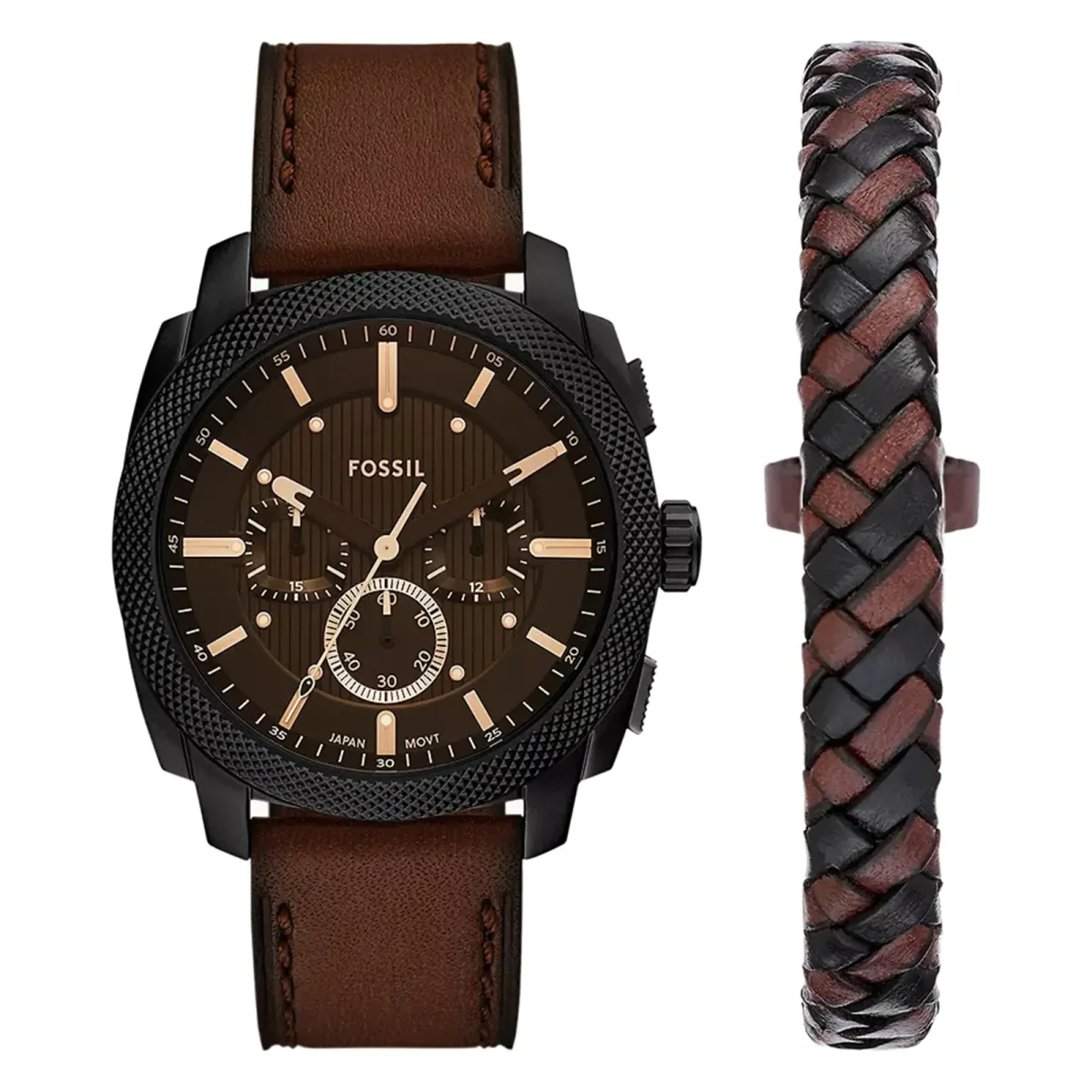 Fossil Machine Brown Leather Watch & Bracelet Set