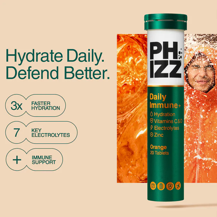 Phizz Daily Immune+ Hydration, Electrolytes & Vitamins Orange Flavour 20 Effervescent Tablets detail 2